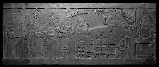 "Garden Party" Relief. Nineveh, c. 645 B.C.E. The British Museum: Assurbanipal and his queen Libbali-šarrat. We can observe two perfume-burners.