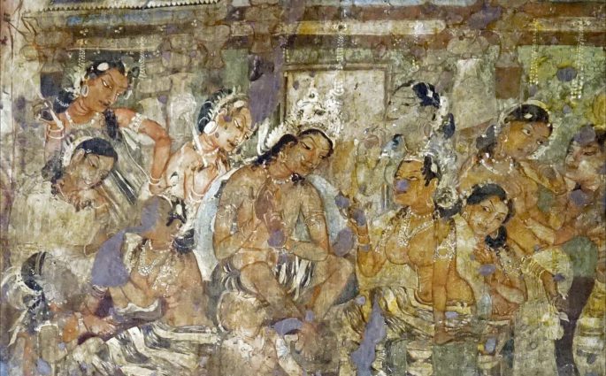Fresco from Ajanta, a scene from Mahajanaka Jataka. Ajanta Cave. 5th century C.E.